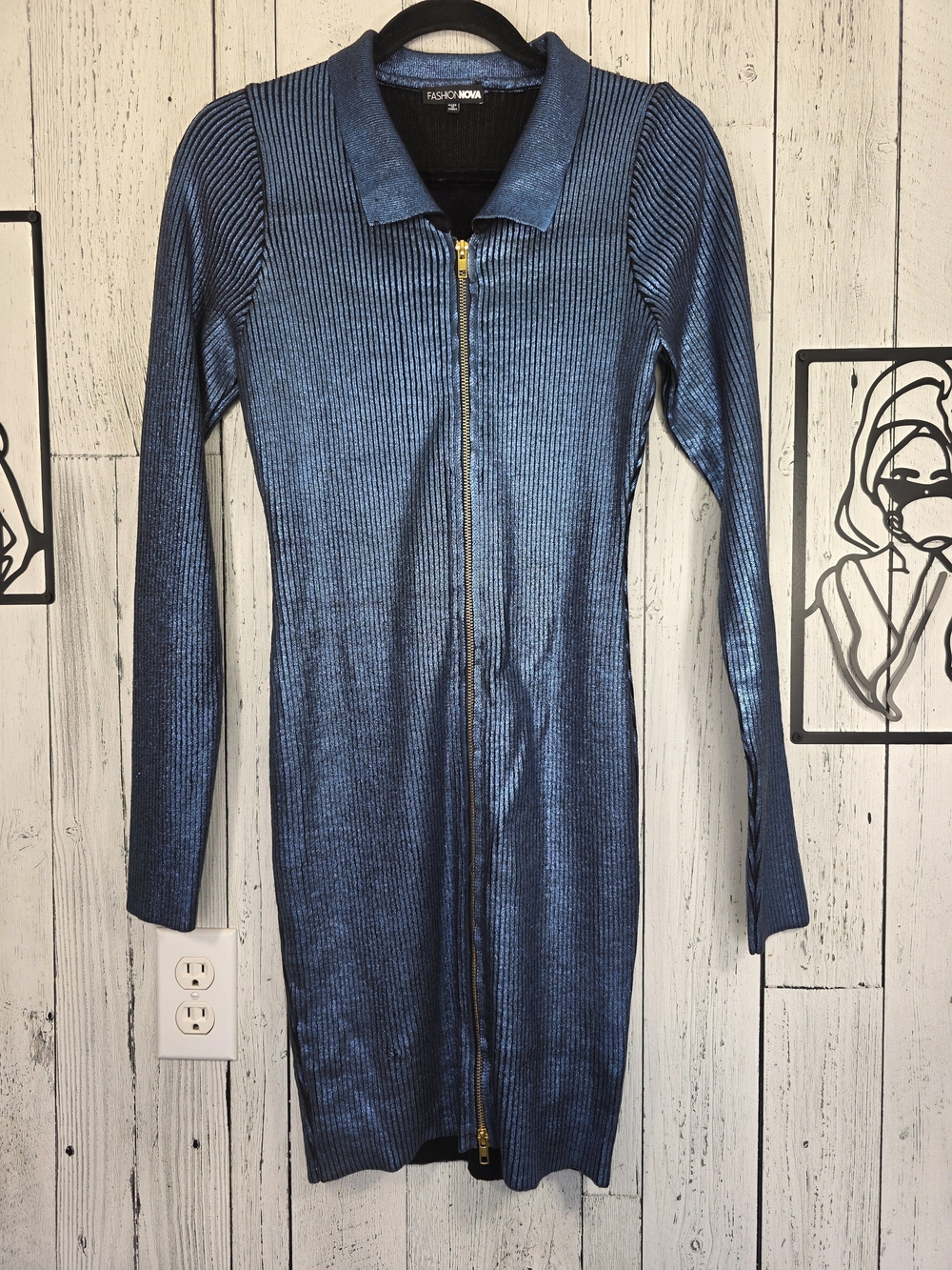 Fashion Nova Metallic Blue Ribbed Two-Way Zip Midi Dress Size L Going Out Date